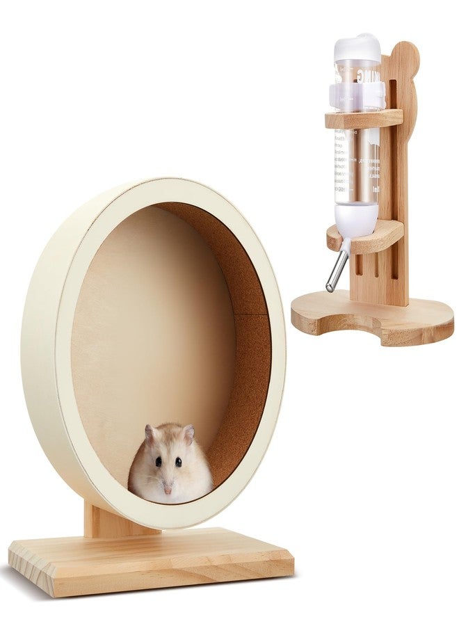 Sonwyoung 2 Pcs S, 7.9 Inch Wooden Hamster Wheels and Wood Hamster Water Bottle Set Guinea Pig Running Silent Exercise Wheels Small Animal Water Dispenser Stand Holder for Guinea Pig Gerbil - Image 1
